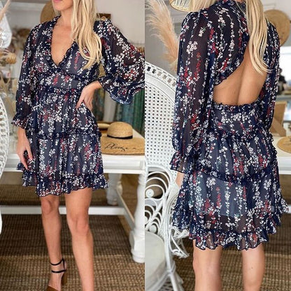 sixsr  Harlow Floral Print Ruffle Dress women backless V-neck dress women mini summer dress ladies party dress