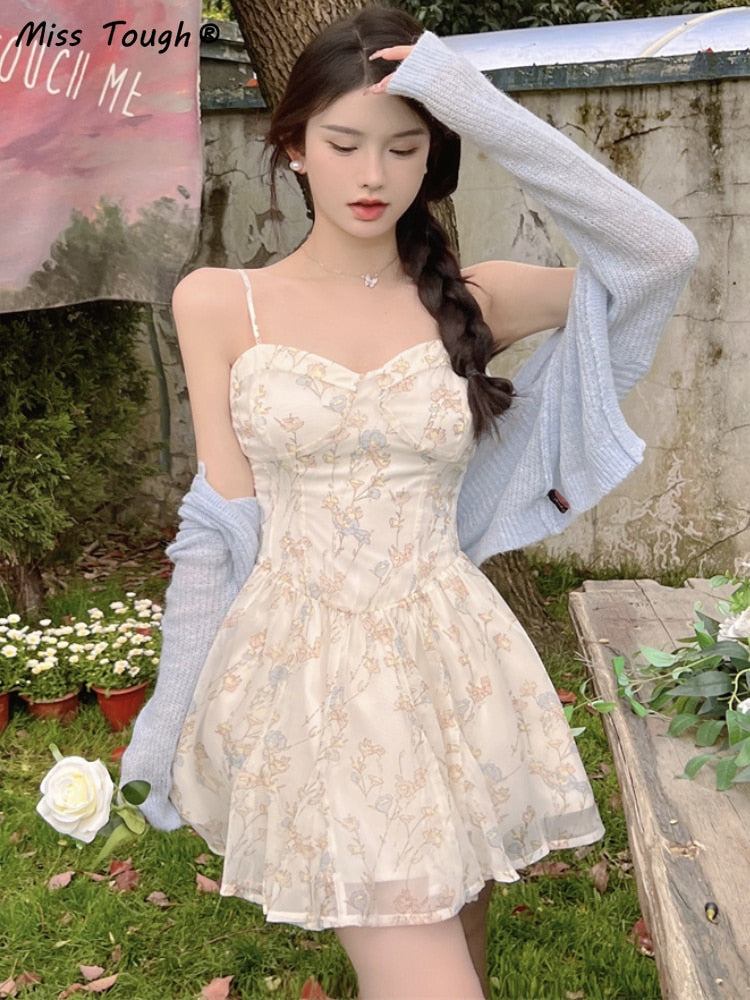 Sixsr Summer Chiffon Fairy Floral Dress Women Korean Fashion Strap Sexy Party Mini Dress Female Designer Lace Chic Sweet Dresses