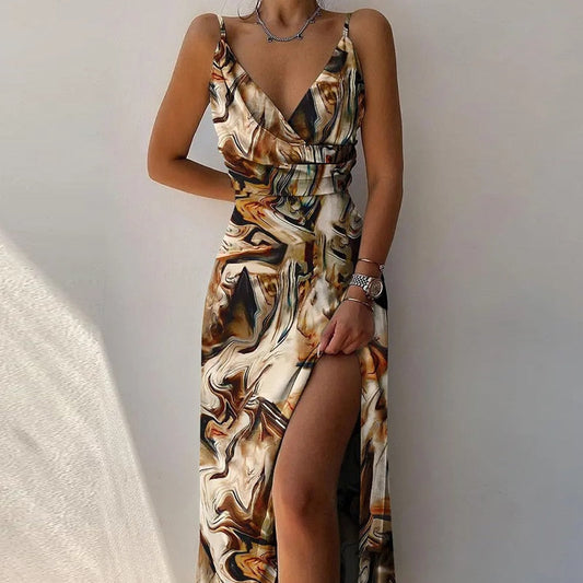 Sexy High Split Up Long Dress For Women Summer Print Party Dress Sleeveless Slip V Neck Elegant Dresses Ladies Evening Robe