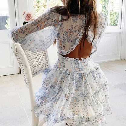 sixsr  Harlow Floral Print Ruffle Dress women backless V-neck dress women mini summer dress ladies party dress