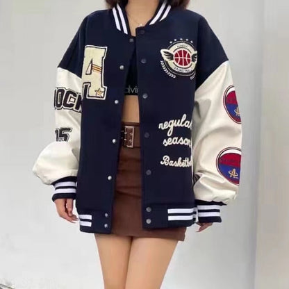 Sixsr American retro stitching jacket spring and autumn women's loose hip-hop ins baseball jacket tmen's and women's tide brand
