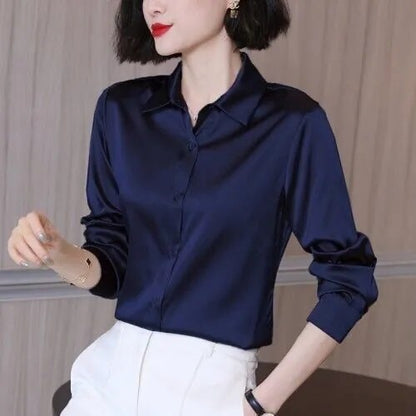 Sixsr Brand Quality Luxury Women Shirt Elegant Office Button Up Long Sleeve Shirts Momi Silk Crepe Satin Blouses for Women Fashion  Business Ladies Top