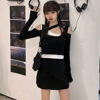 Shirts for Women Korean Woman Tshirts Chic Fake Two Long Sleeve Off Shoulder Tees Tops Harajuku Black Y2k T-shirt