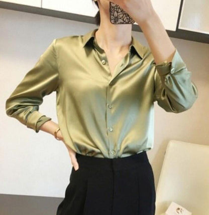 Sixsr Brand Quality Luxury Women Shirt Elegant Office Button Up Long Sleeve Shirts Momi Silk Crepe Satin Blouses for Women Fashion  Business Ladies Top