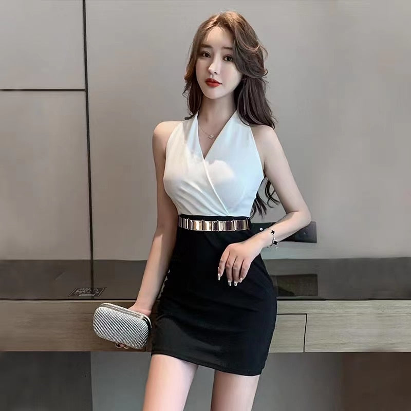 Sixsr Summer New Sexy V-neck Design Party Sleeveless Short Skirt Slim Fit Workplace HIP WRAP A-line Dress For Women