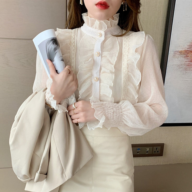 Woman Chic Long Sleeve Stand Collar Blouses Women Casual Loose White Tops Korean Lace Ruffles Elegant Chiffon Shirt Blusas