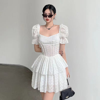 sixsr  Fashion V Neck Ruffles Pleated Dress Women Puff Sleeve Chic White Summer MINI Dress Party Hollow Out Vintage Corset Ladies