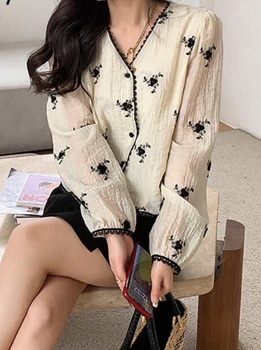 Printed Shirt for Women Spring  New Long Sleeve V Neck Vintage Elegant Blouse Fashion Casual Button Up Y2k Top