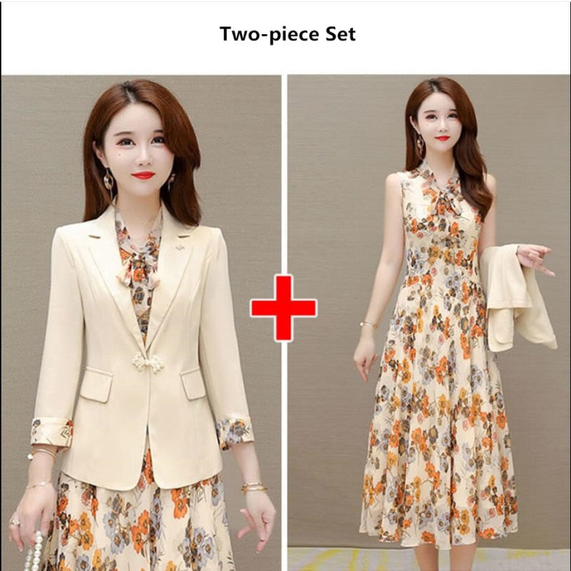 sixsr  Spring Autumn New Suit Jacket Dress Two-piece Women's Elegant Blazers Floral Long Skirt Set Female Office Professional Wear