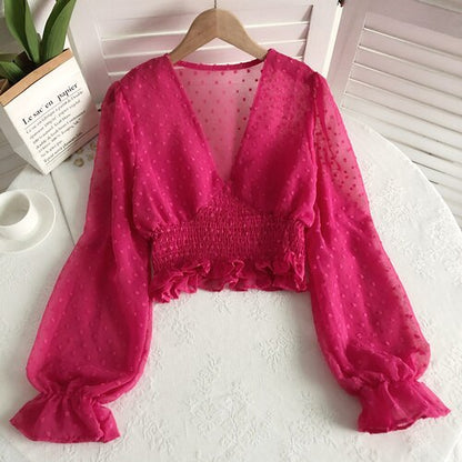 Sixsr  Women Fashion Spring Women Sweet Spot Blouse Ladies Fashion Chiffon Pullover Shirt V-neck Slim Long Puff Sleeve Folds Tunic Short Top