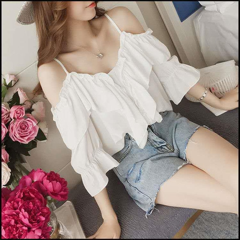 Ruffle Youth Elegant Blouses Tops Women Fashion Low Cut Blouse Summer Chiffon Shirt Pretty Bebeautiful Clothes