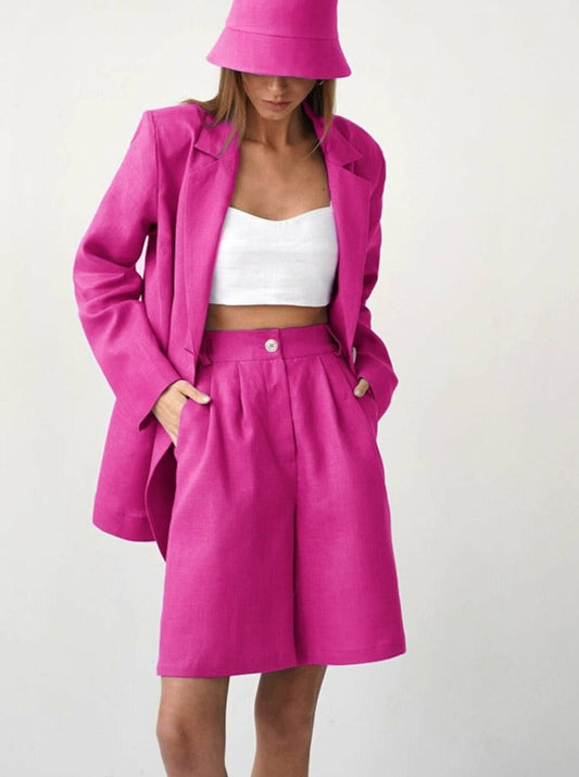 sixsr  Fashion Trends Office Cotton Linen Outfit Spring Autumn Notched Loose Long Sleeve Blazer Fashion Lady Women Suits High Waist Shorts Sets