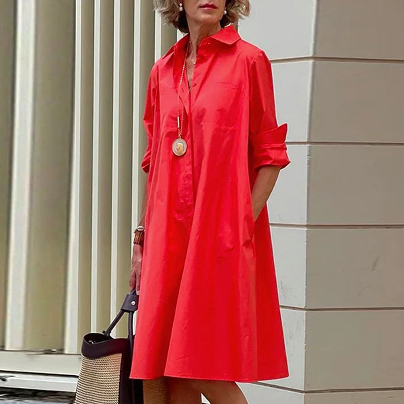 Women Casual Long Sleeves Shirt Collar Solid Short Dress