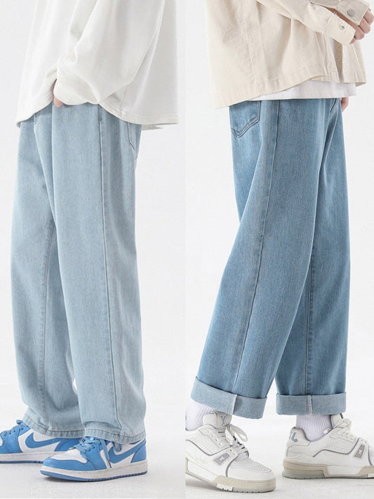 Sixsr 2024 New Korean Fashion Men's Casual Ankle-Length Jeans Classic Man Straight Denim Wide-leg Pants Light Blue Grey Black 3XL