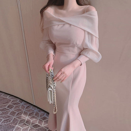 sixsr Korean chic spring elegant temperament twisted one-line collar sling off shoulder bubble sleeve long fishtail dress women