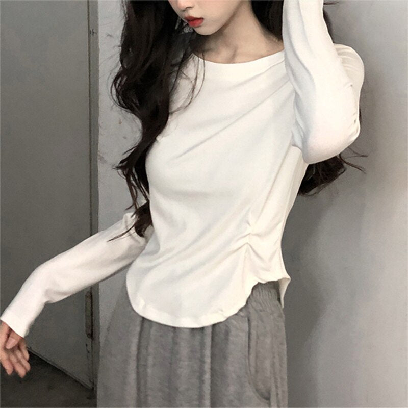 White T Shirt for Women  New Long Sleeve Turn Down Collar Slim Tee Shirts Korean Fashion Office Ladies Casual Top