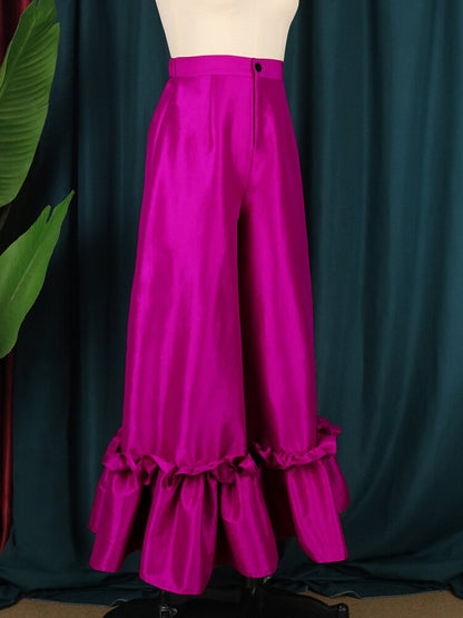 Women High Waist Flare Pants Wide Leg Big Size Shiny Fuchsia Bell Bottoms Trousers Dressy Femme Trendy Party Club Outfits 4XL