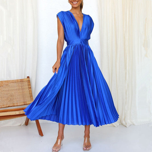 Spring Summer Sexy Women Dress Elegant Fashion Sleeveless V Neck Hollow Out Back Big Hem Pleated Dress