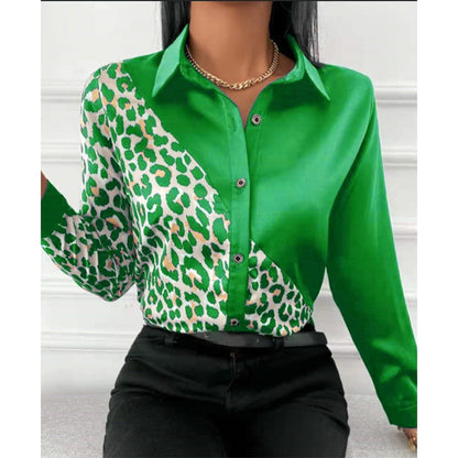 Women Long Sleeve Shirts Autumn New Elegant Satin Blouses Tops Office Leopard Print Patchwork Shirt Ladies Casual Lapel Top