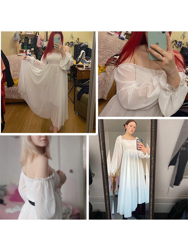 Womens Fashion New Spring Autumn Women Elegant Holiday Dresses Puff Sleeve Slash Neck Off Shoulder Smocked White Chiffon Dresses