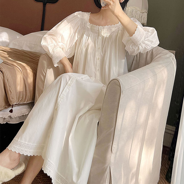 Women Sleepwear French Style Cotton Princess Dress Vintage Ladies Long Sleeves Nightgowns Square Neck Pleated Nightdress