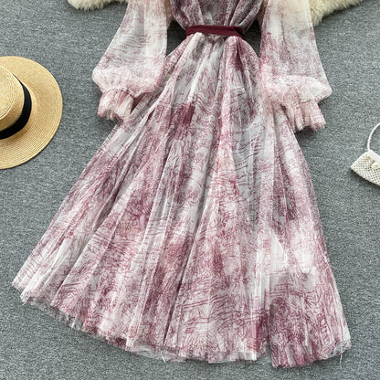 Elegant Women Mesh Dress Vintage Lantern Sleeves Printed Party Dresses Spring Summer Patchwork A Line Bandage Beach Dress