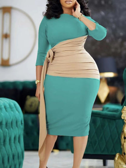 Autumn Fashion Elegant Colorblock Lace-Up Dress Women Office Ladies OL Colorblock Slim Dress Women