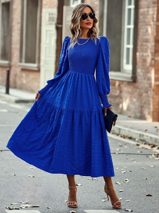 Spring Casual O Neck Lantern Sleeve Dress Women Loose Elegant Solid A-line Dress Lady Simple High Waist Klein Blue Dress