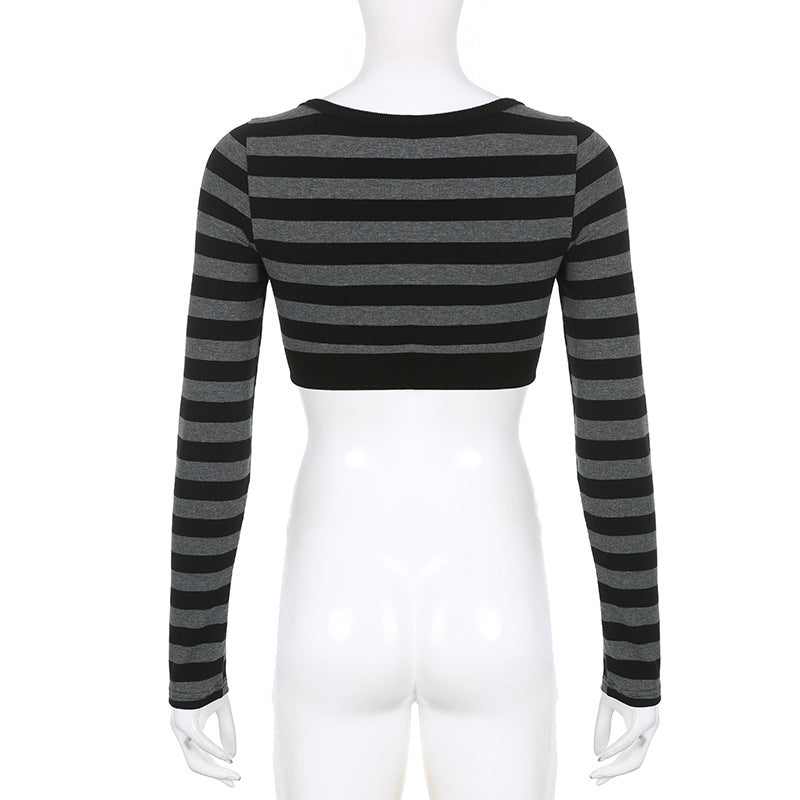 Y2K Striped Crop Top Button Knitted Full Sleeve T Shirt V Neck Vintage Grunge Tee Autumn Winter Women Harajuku Outfits