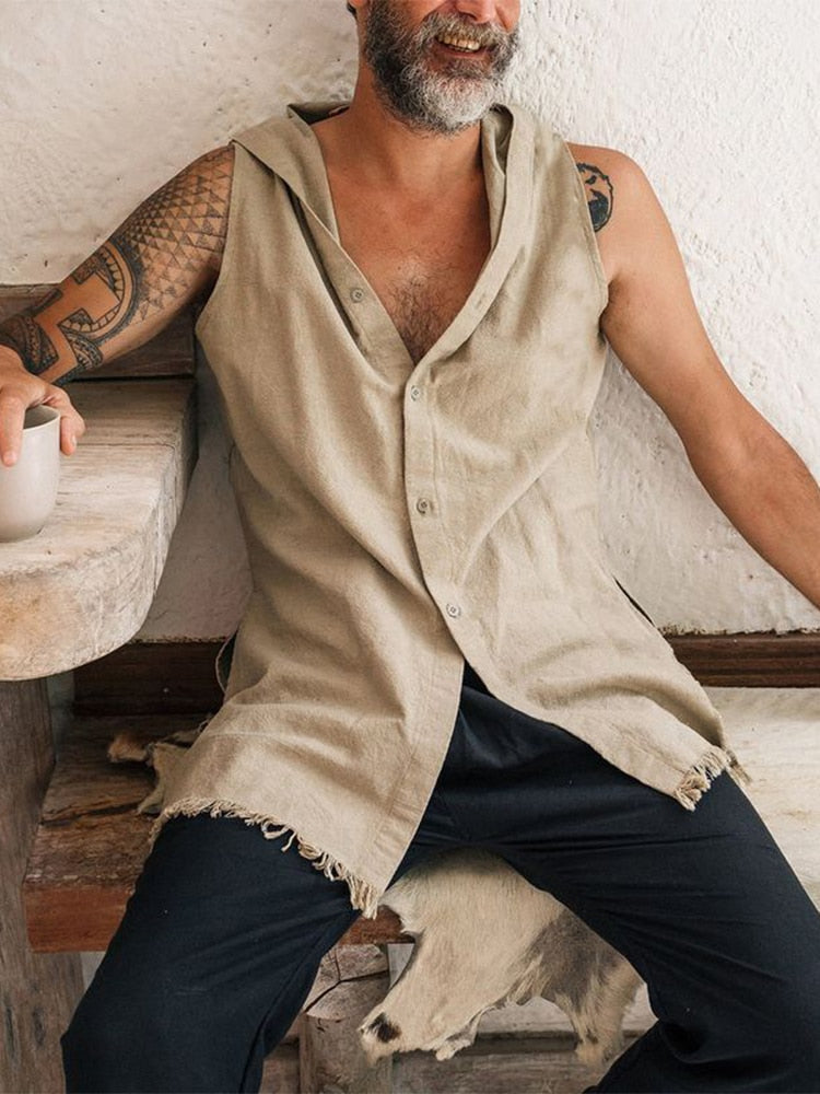 2024 Spring Summer Sleeveless Casual Vest Shirt Men Fashion Hoodie Tank Top Vintage Solid Buttoned Vest Pullover Mens Streetwear