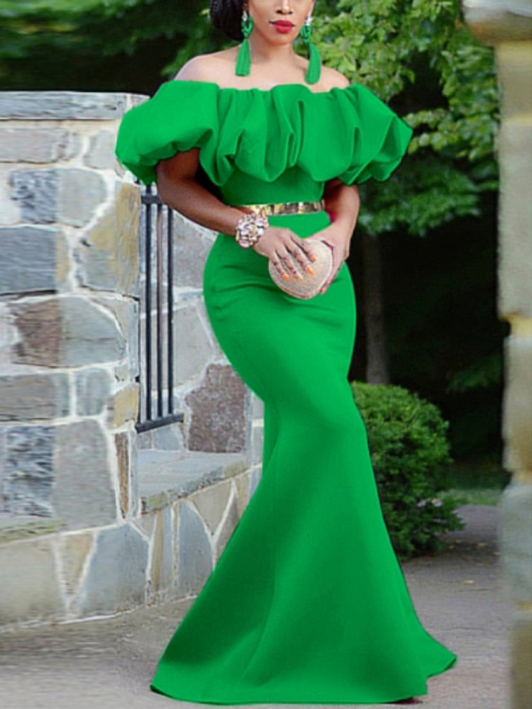 Women Long Party Dresses Mermaid Slim Christmas Bare Shoulder Puffy Bright Green Big Size Wedding Evening Occasions Gowns Robes