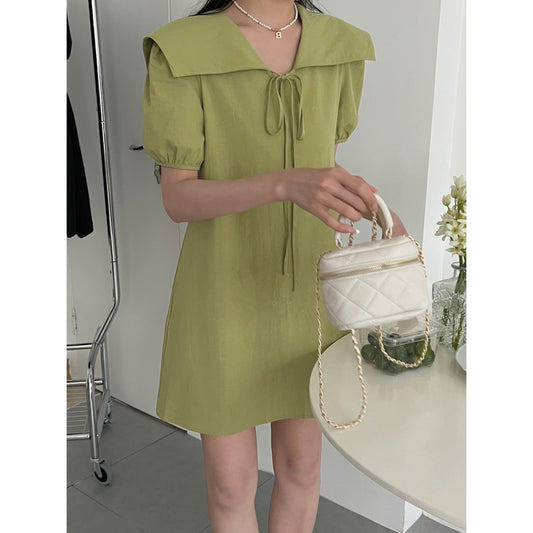 Solid Dress for Women Fashion High Waisted Short Sleeve Sailor Collar Lace Up Mini Dresses  New Spring Summer Dress