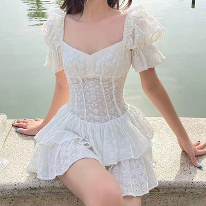 sixsr  Fashion V Neck Ruffles Pleated Dress Women Puff Sleeve Chic White Summer MINI Dress Party Hollow Out Vintage Corset Ladies