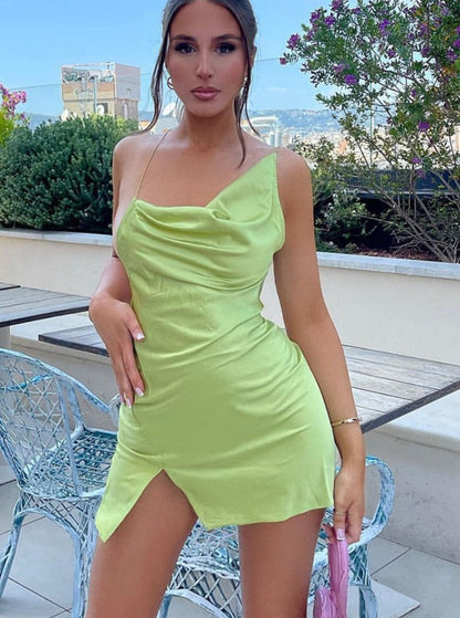 sixsr Satin Sexy Backless Slit Women Dress Green Spaghetti Strap Hollow Out Dresses Women Summer Skinny Fashion Party Clubwear