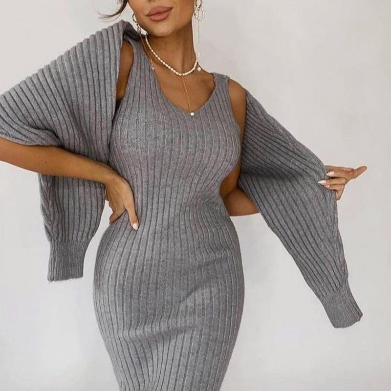 sixsr  Women Elegant Slim Two Piece Sets Female Sweater Dress Autumn Winter High Waist Knitted Ensemble Femme Medium Long Party Dresses