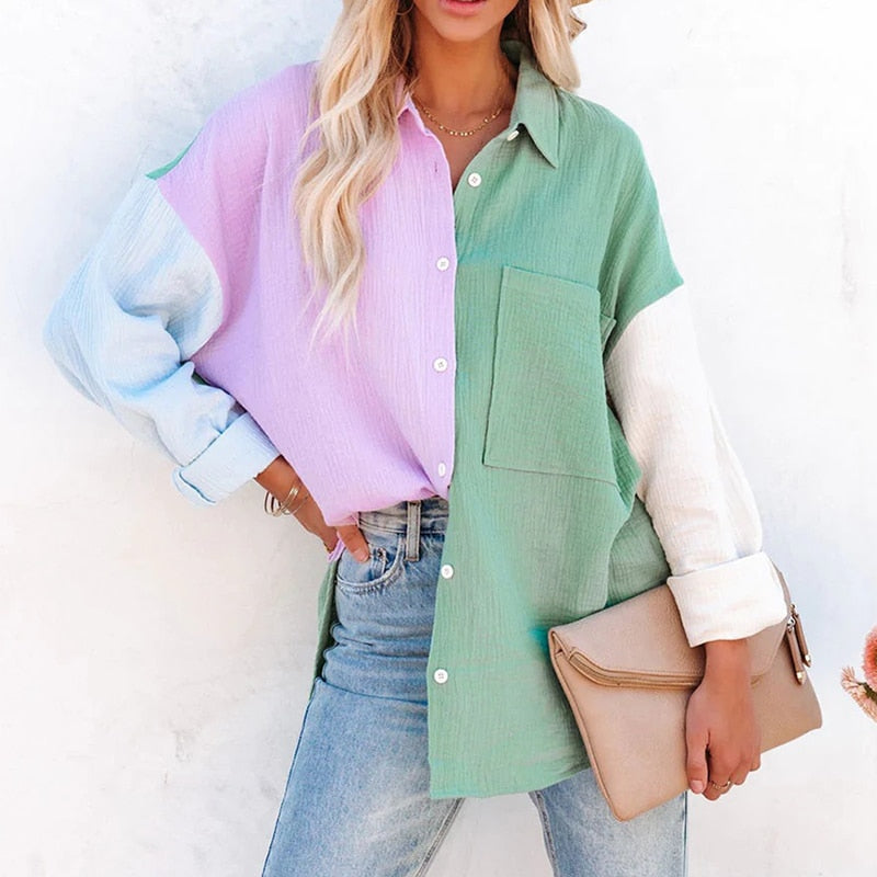 New Spring Summer Fashion Women New Patchwork Shirt Elegant Commute Contrast Lapel Buttons Cardigan Streetwear Ladies Casual Blouses