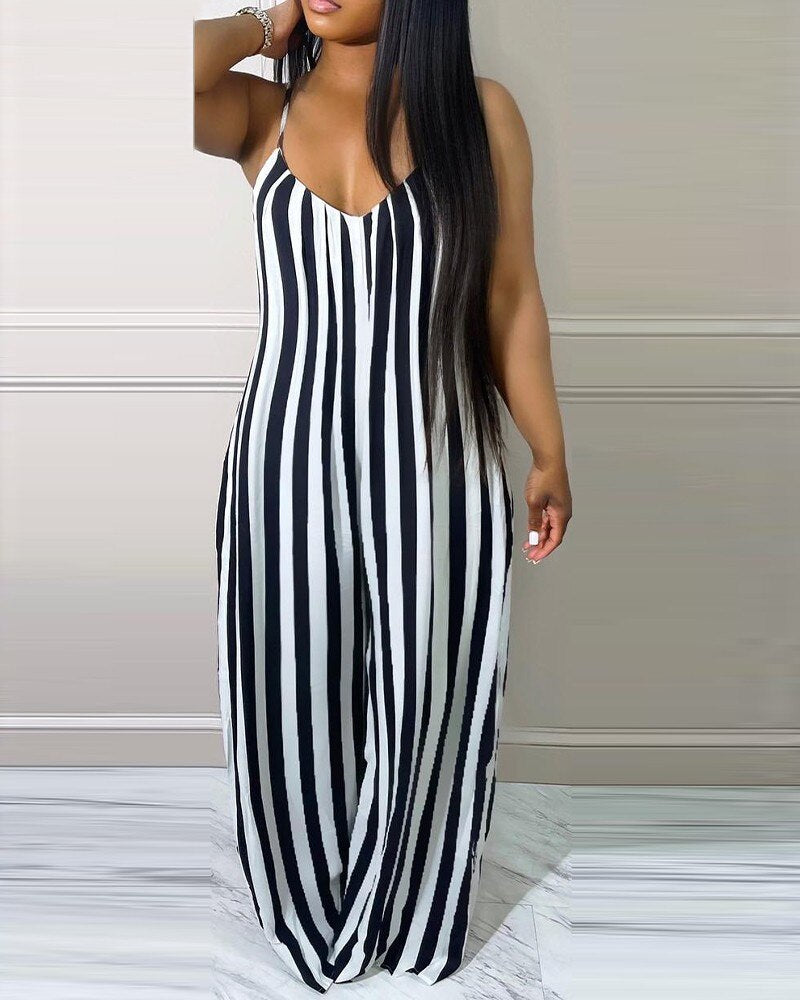 Women's striped printed spaghetti straps wide leg pockets jumpsuit women's sleeveless spring/summer high waisted loose pants jum