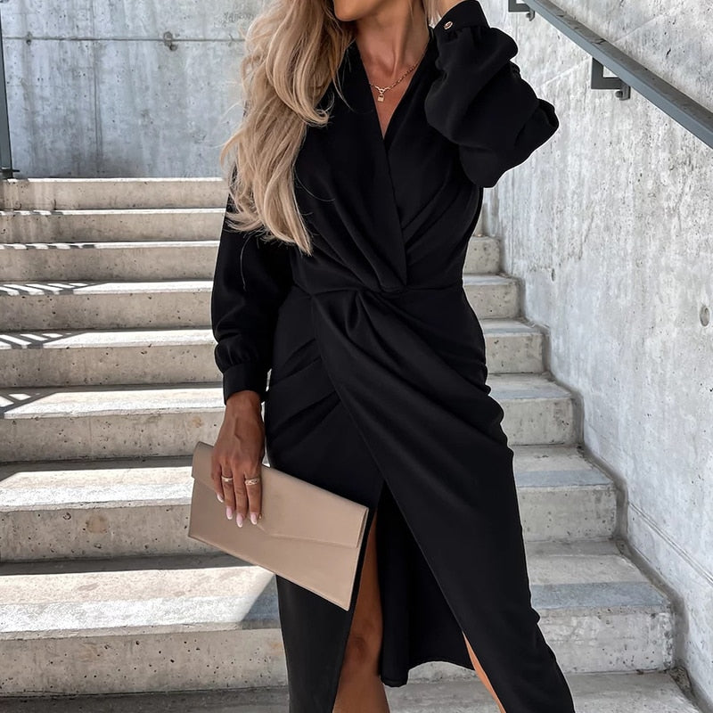 Elegant Slim Fit Cross V Neck Party Dress High Street Office Lady Dress Summer Women Casual Long Sleeve Sundress Cover Up