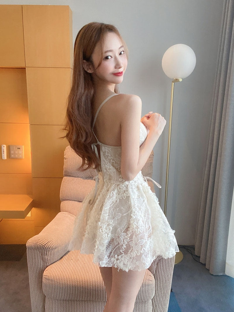 Backless Dress Women Lace Sexy Short Embroidery Mini Y2k Push Up Dress with Flowers Korean Dress Summer Gothic Party