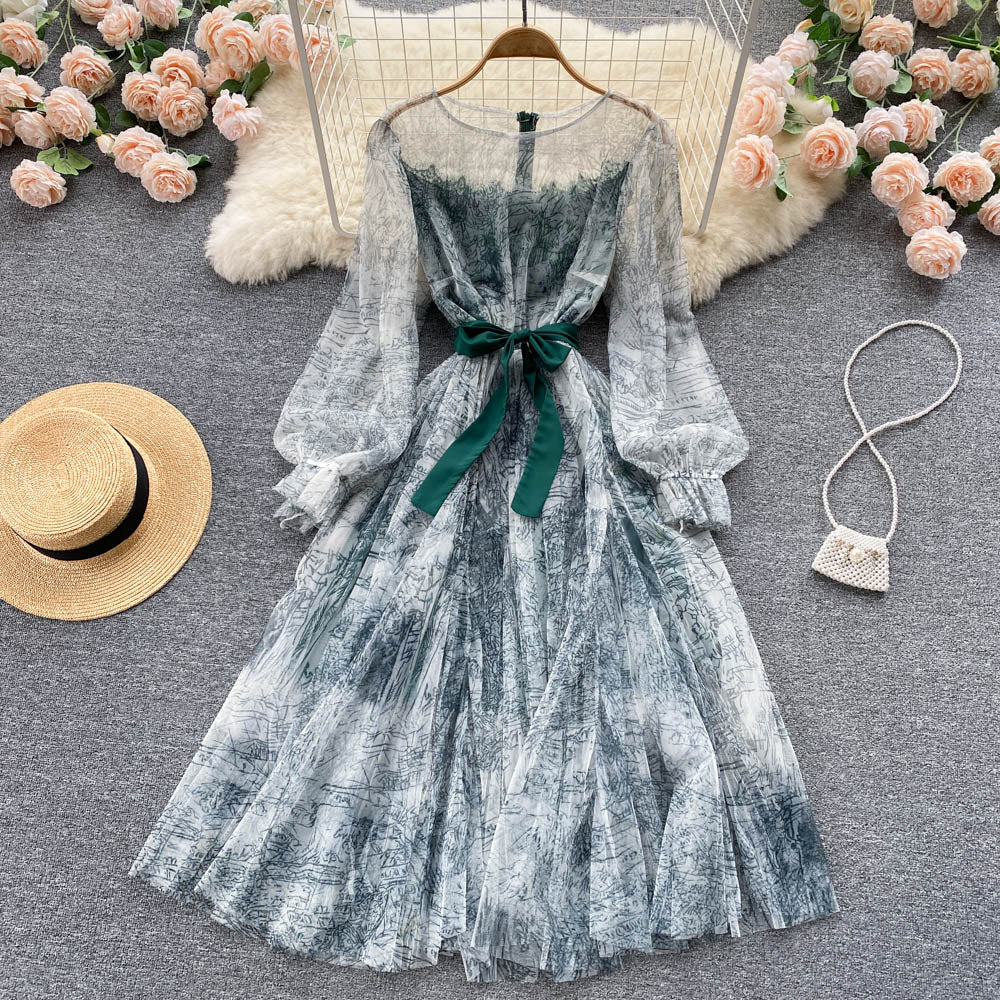 Elegant Women Mesh Dress Vintage Lantern Sleeves Printed Party Dresses Spring Summer Patchwork A Line Bandage Beach Dress