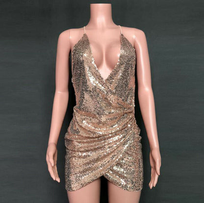 sixsr Sexy Women Sequins Glitter Sparkle Deep V Neck Halter Backless Bodycon Short Mini Dress Evening Party Wrap Hip Package Dress