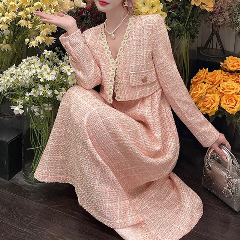 Pink Plaid Tweed Jacket + Strapped Dress Women Vintage  Winter Elegant Party Woolen 2 Piece Sets Ladies Autumn Dress Sets