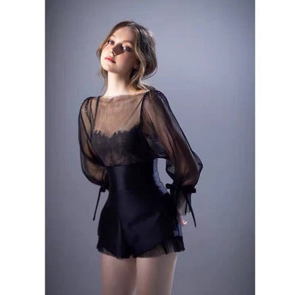 Black French Retro Top Women Summer Women Long Sleeve Mesh Shirt Sexy Slimming Blusas De Mujer Lace Sling Shorts Elegant Set