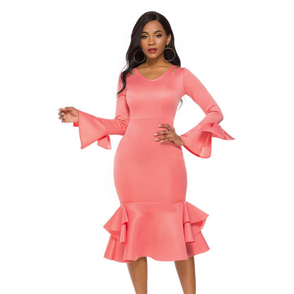 Women Bodycon Party Dress Long Flare Sleeves Cold Shoulder Ruffles Bowtie Elegant Slim Evening Birthday Event Robes Female 4XL