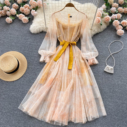 Elegant Women Mesh Dress Vintage Lantern Sleeves Printed Party Dresses Spring Summer Patchwork A Line Bandage Beach Dress