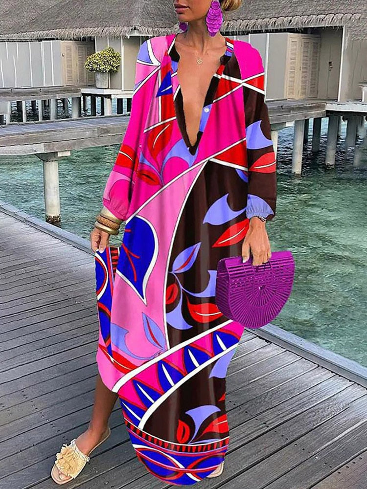 V-neck Casual Loose Floral Print Long Sleeve Maxi Dress