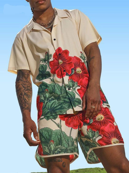 2024 Summer Fashion Men Clothing Beach Outfits Vintage Floral Printed Two Piece Sets Mens Short Sleeve Shirts And Shorts Suits