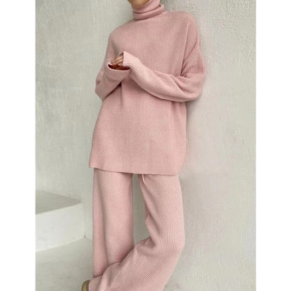 Autumn Winter 2 Pieces Women Sets Knitted Tracksuit Turtleneck Sweater and Wide Leg Jogging Pants Pullover Suit New