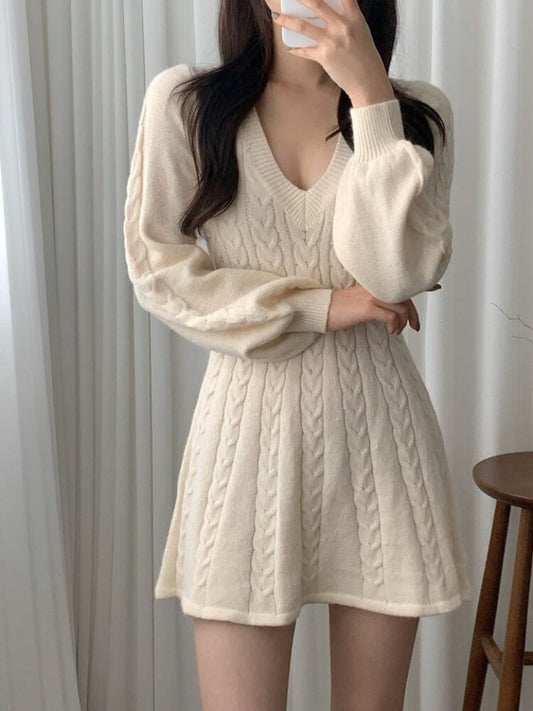 Long Sleeve Elegant Pink Mini Knit Dress Women Autumn Winter Solid Color A-line Puff Sleeve Sweet Short Sweater Dresses