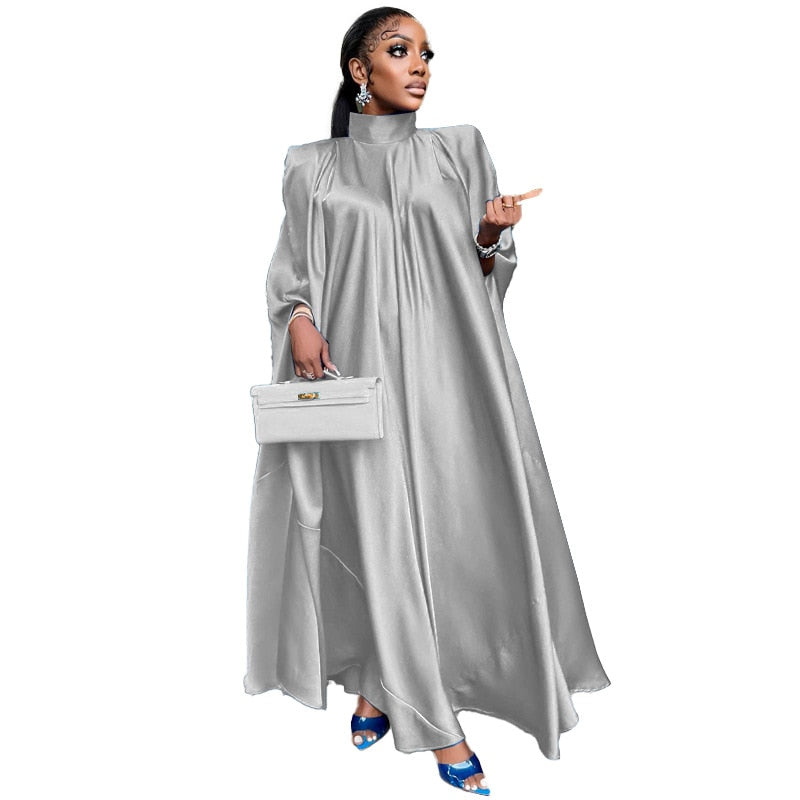 Women Oversized Dresses Mock Neck Batwing Sleeve Loose Large Sparkly Robes Vintage Blue Party Event Occasion Christmas Gowns